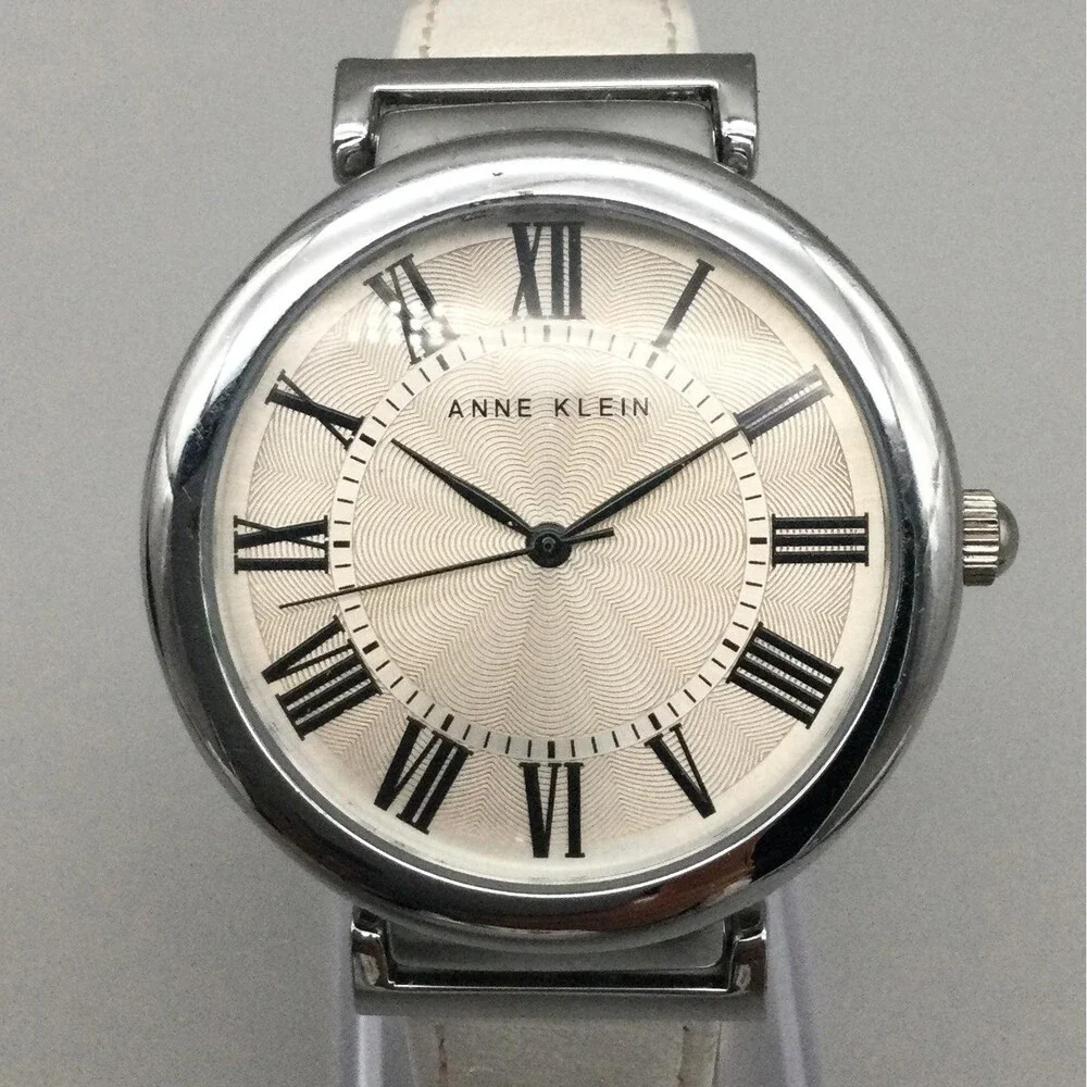 Anne Klein Womens Dress Watch 38mm Large Dial White Leather AK/2137 New Battery